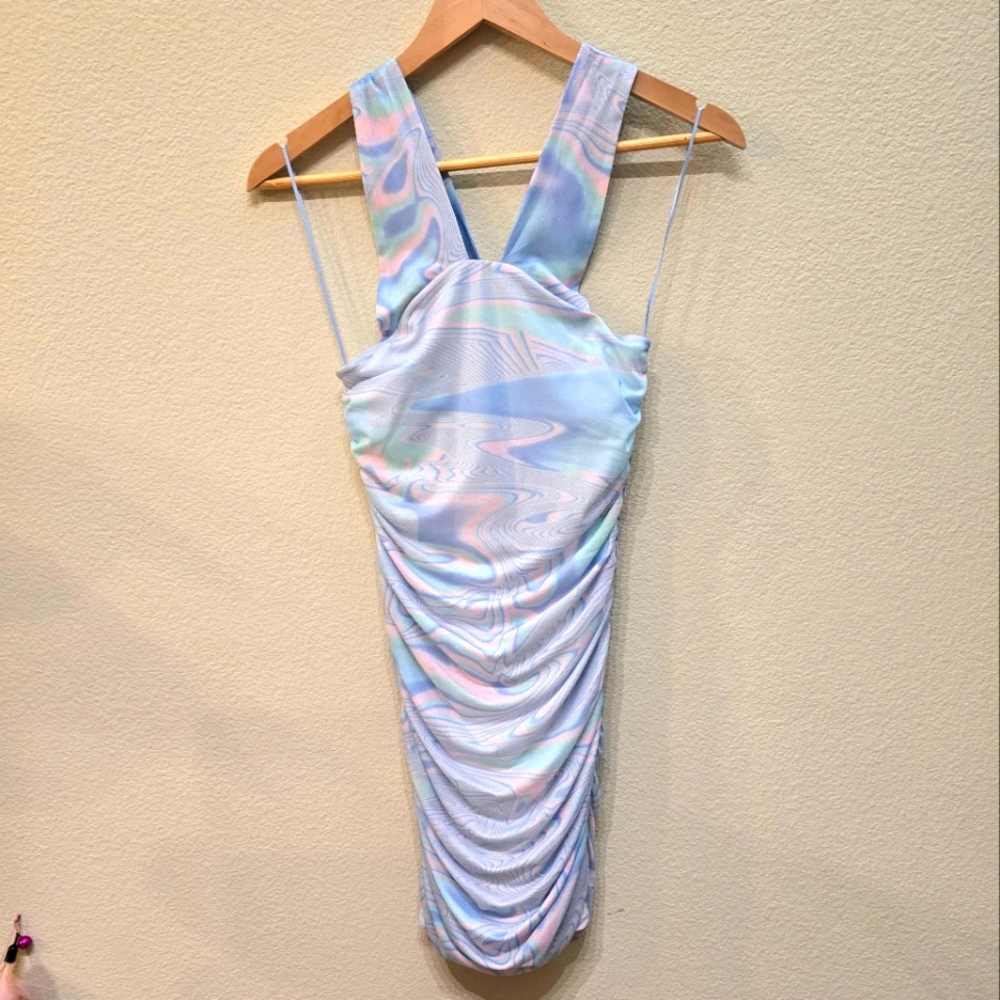 Elodie - REVOLVE, Iridescent Ruched Bodycon Dress, Powder Pink Baby Blue Small
